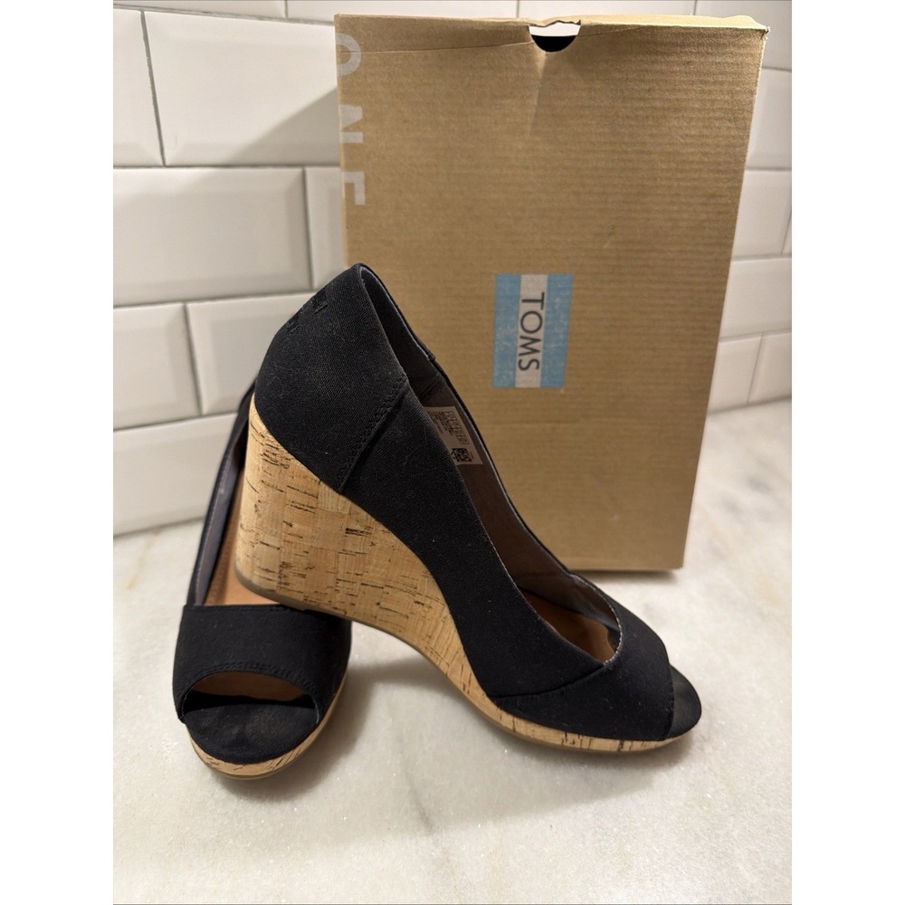 TOMS Stella Black Canvas Wedge Black Open Toe Women's shoe W9